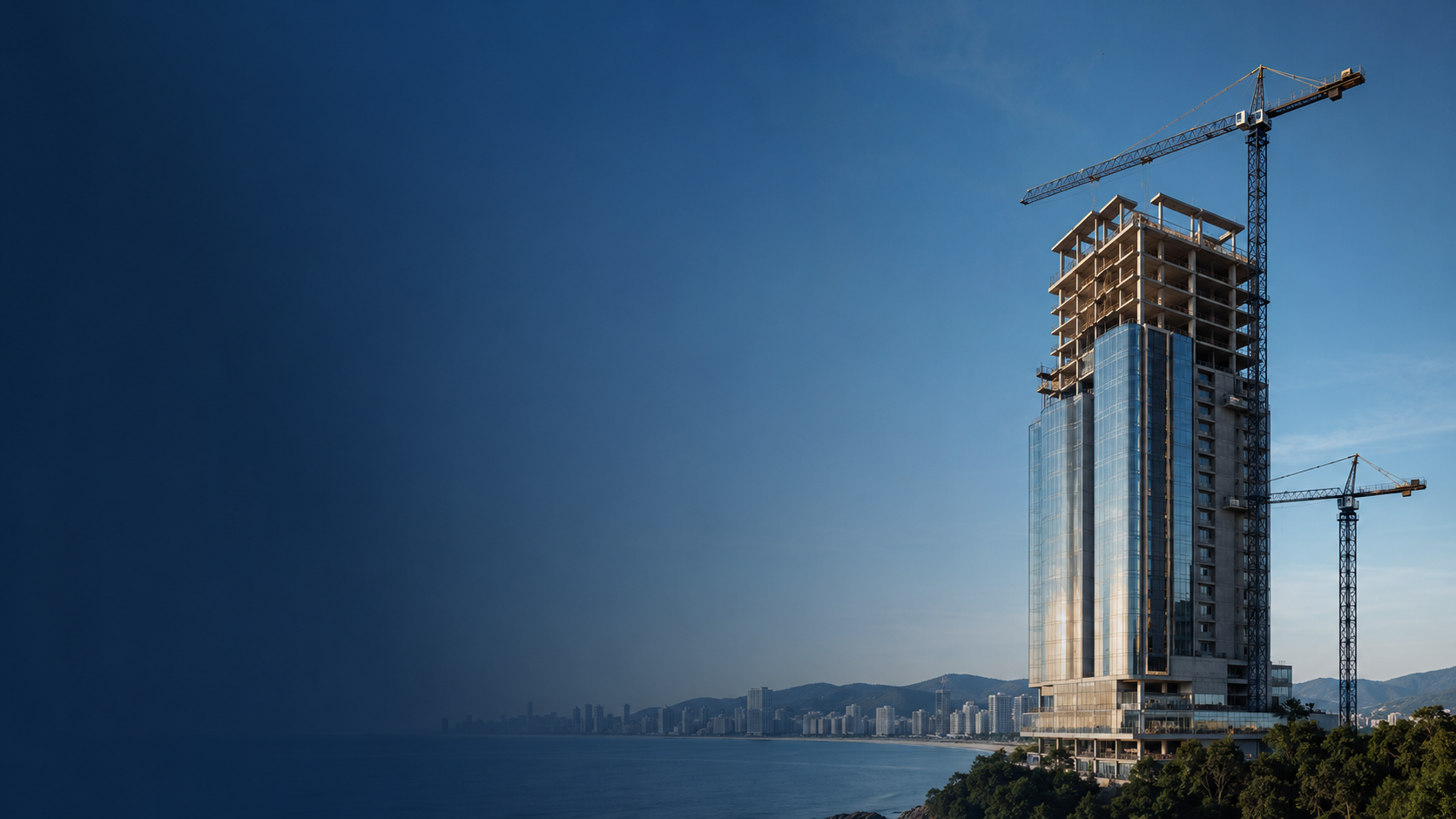 Empreendimento imobiliário em desenvolvimento com guindaste e estrutura urbana